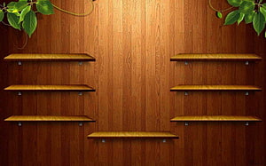 Empty Wooden Wall Shelves Against Warm Oak Paneling With Green Leafy Vines HD wallpaper