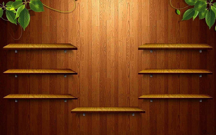 Empty Wooden Wall Shelves Against Warm Oak Paneling With Green Leafy Vines HD wallpaper