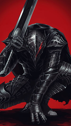 Guts in Berserk Armor Crouching with Dragon Slayer Sword Against Red Background HD phone wallpaper