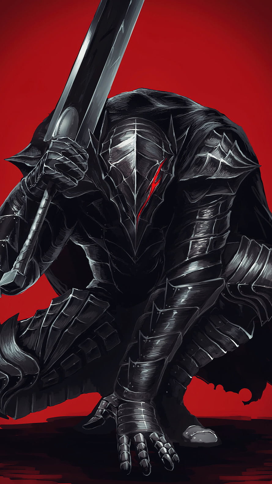Guts in Berserk Armor Crouching with Dragon Slayer Sword Against Red Background HD phone wallpaper