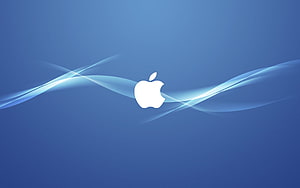 Apple Logo with Flowing Light Waves on a Blue Gradient Background HD wallpaper