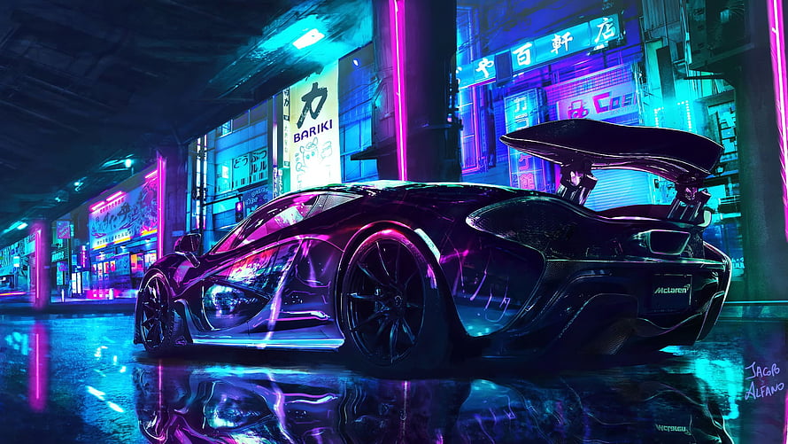 McLaren Supercar in Neon-Lit Cyberpunk City Street at Night HD wallpaper