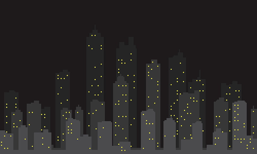 Pixel Art Nighttime City Skyline with Glowing Windows on Dark Background HD wallpaper