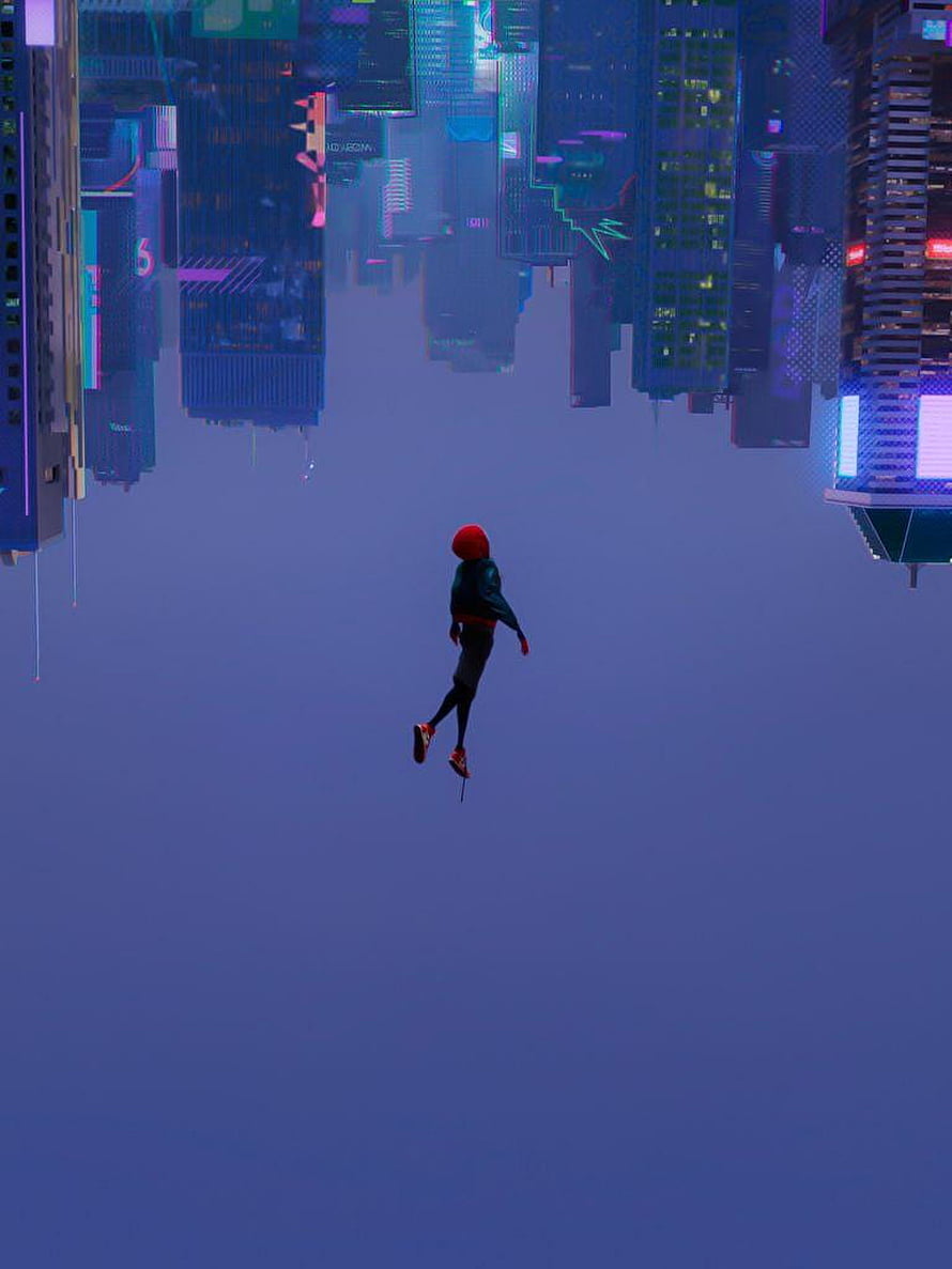 Miles Morales swinging through a neon-lit cityscape in Spider-Verse animated style HD phone wallpaper