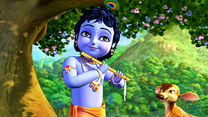 Little Krishna Playing Flute in Lush Forest with Deer Companion HD wallpaper