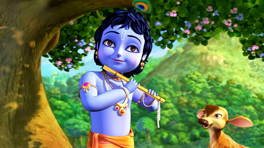Little Krishna Playing Flute in Lush Forest with Deer Companion HD wallpaper