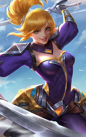Fanny from Mobile Legends in Purple Armor Wielding Dual Swords HD phone wallpaper