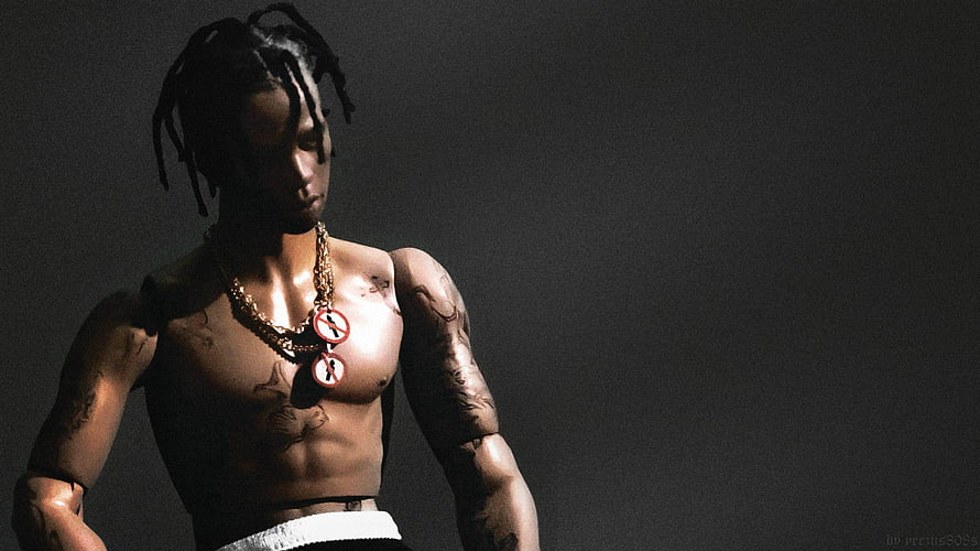 Travis Scott Shirtless Portrait With Gold Chain And Tattoos HD wallpaper
