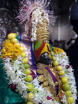 Tulja Bhavani Murti Adorned With Marigold Garlands And Gold Jewelry In Temple Setting HD phone wallpaper