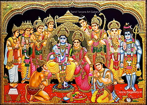Ram Darbar Tanjore Painting with Lord Rama, Sita, Hanuman, and Deities in Traditional Gold Style HD wallpaper