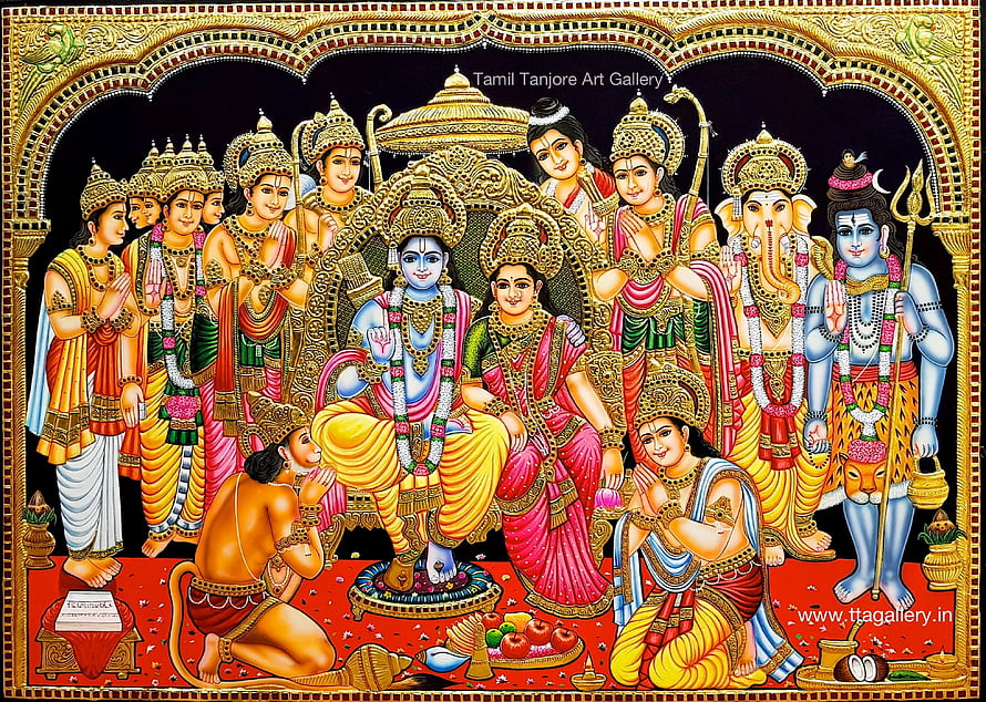 Ram Darbar Tanjore Painting with Lord Rama, Sita, Hanuman, and Deities in Traditional Gold Style HD wallpaper