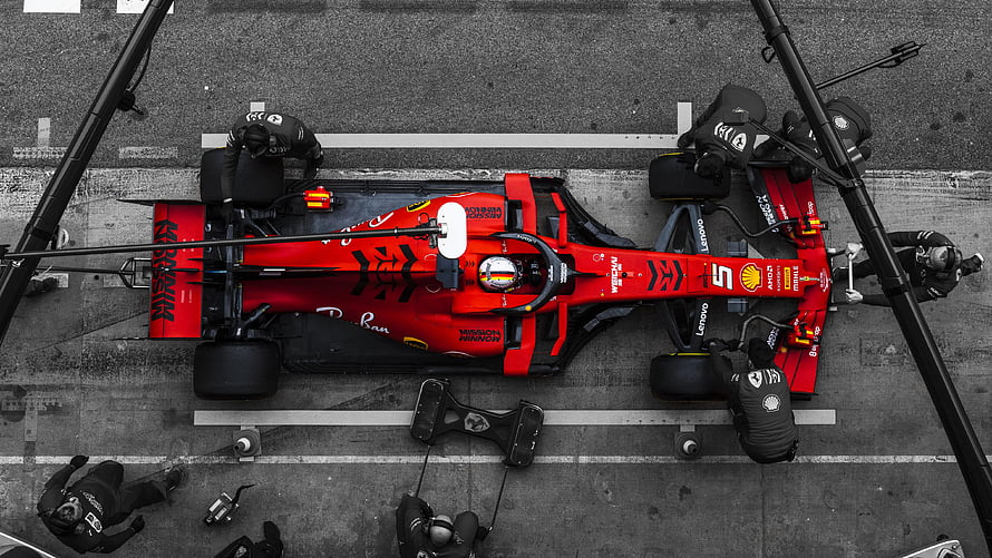 Sebastian Vettel Ferrari SF90 Formula 1 Pit Stop Aerial View HD wallpaper