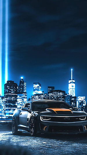Chevrolet Camaro ZL1 Night City Skyline Digital Art Wallpaper HD phone wallpaper