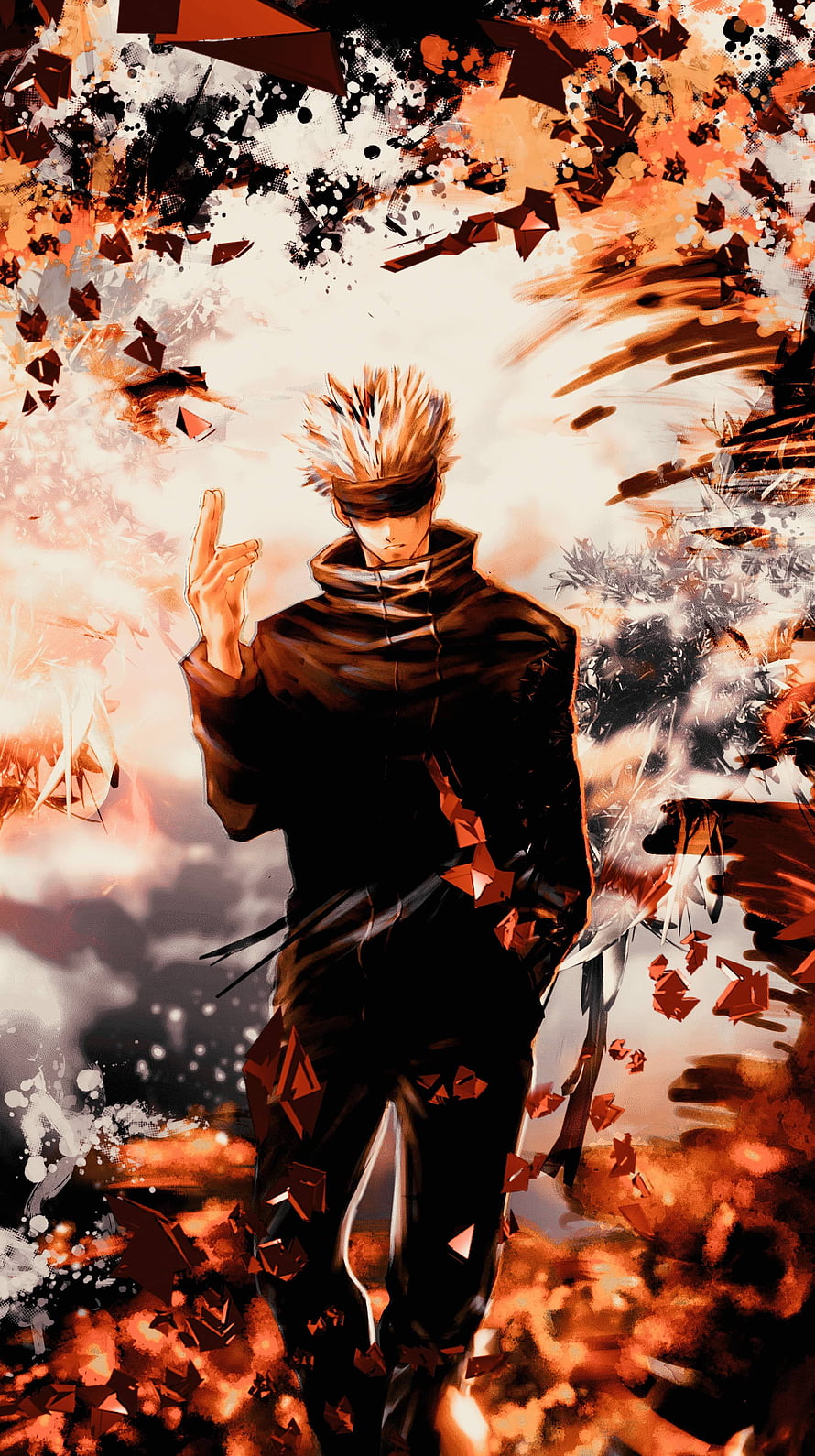 Satoru Gojo from Jujutsu Kaisen in a dramatic dark cloak with shattered debris and fiery energy HD phone wallpaper