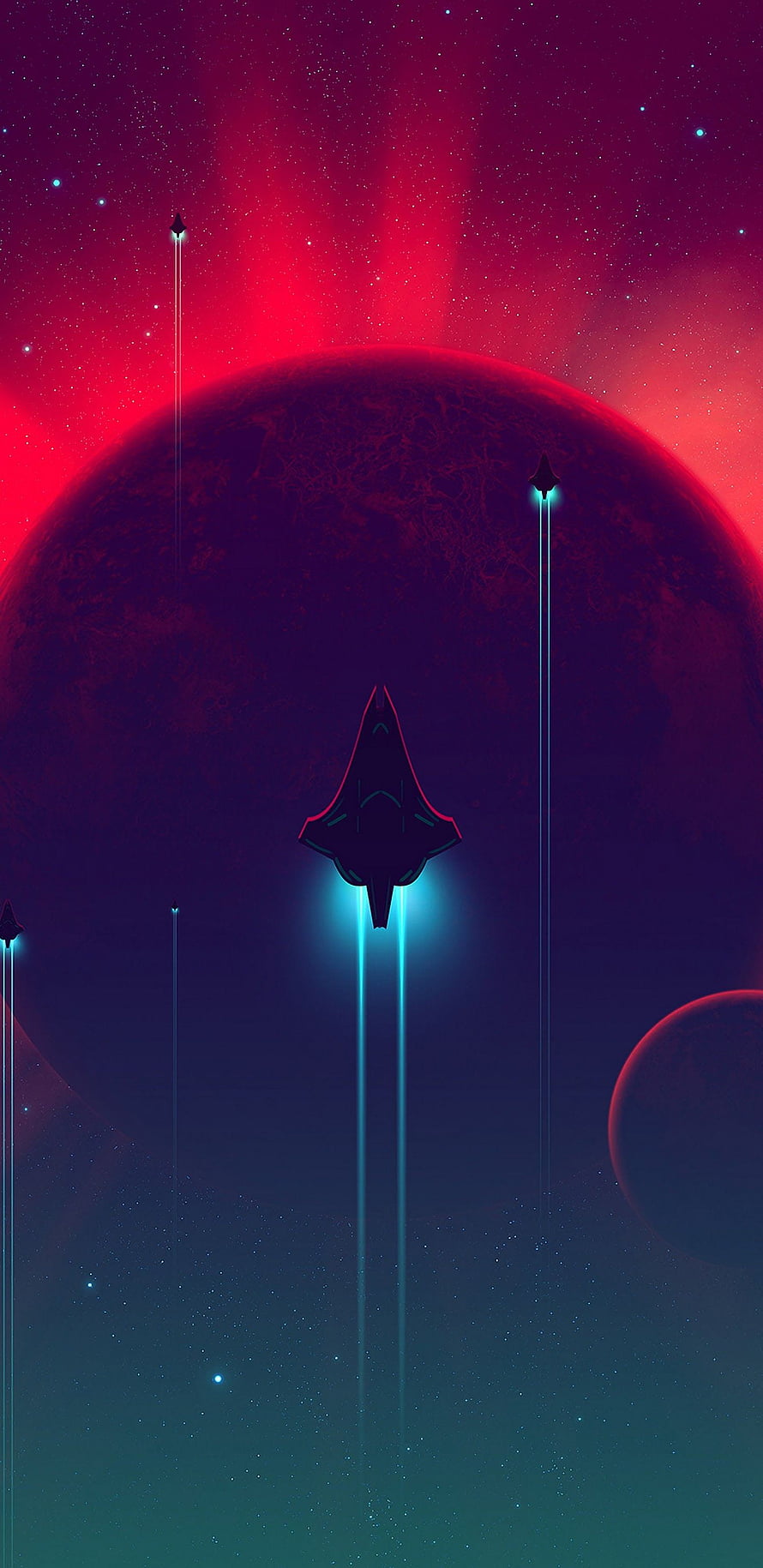 Sleek Spacecraft Ascending Past a Crimson Planet in a Neon Sci-Fi Space Scene HD phone wallpaper