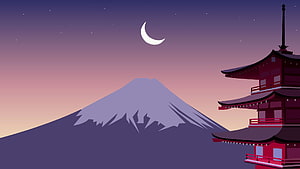 Mount Fuji and Japanese Pagoda at Dusk with Crescent Moon HD wallpaper