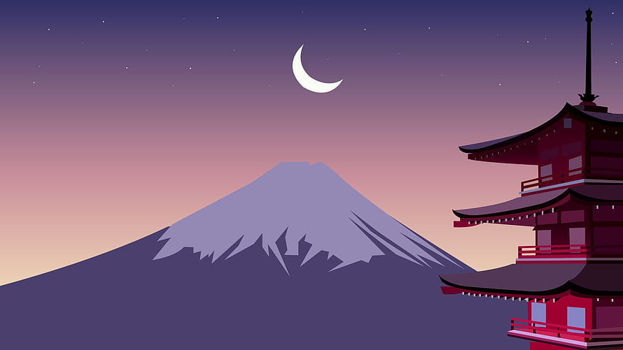 Mount Fuji and Japanese Pagoda at Dusk with Crescent Moon HD wallpaper