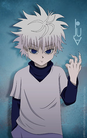 Killua Zoldyck Anime Character Portrait with Spiky White Hair and Blue Eyes HD phone wallpaper