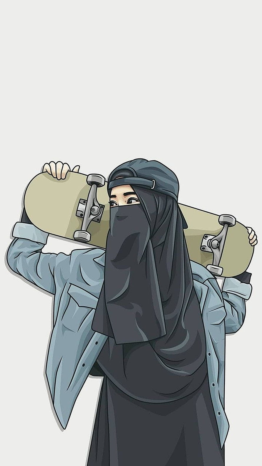 Cartoon Illustration of a Girl in Hijab Carrying a Skateboard on Her Shoulder HD phone wallpaper