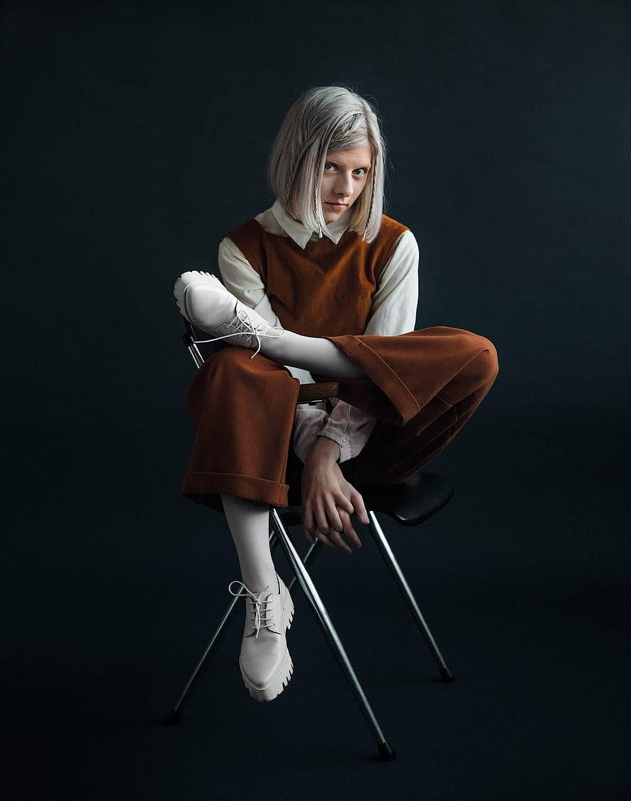 Aurora Aksnes Studio Portrait in Rust Trousers and White Platform Boots HD phone wallpaper