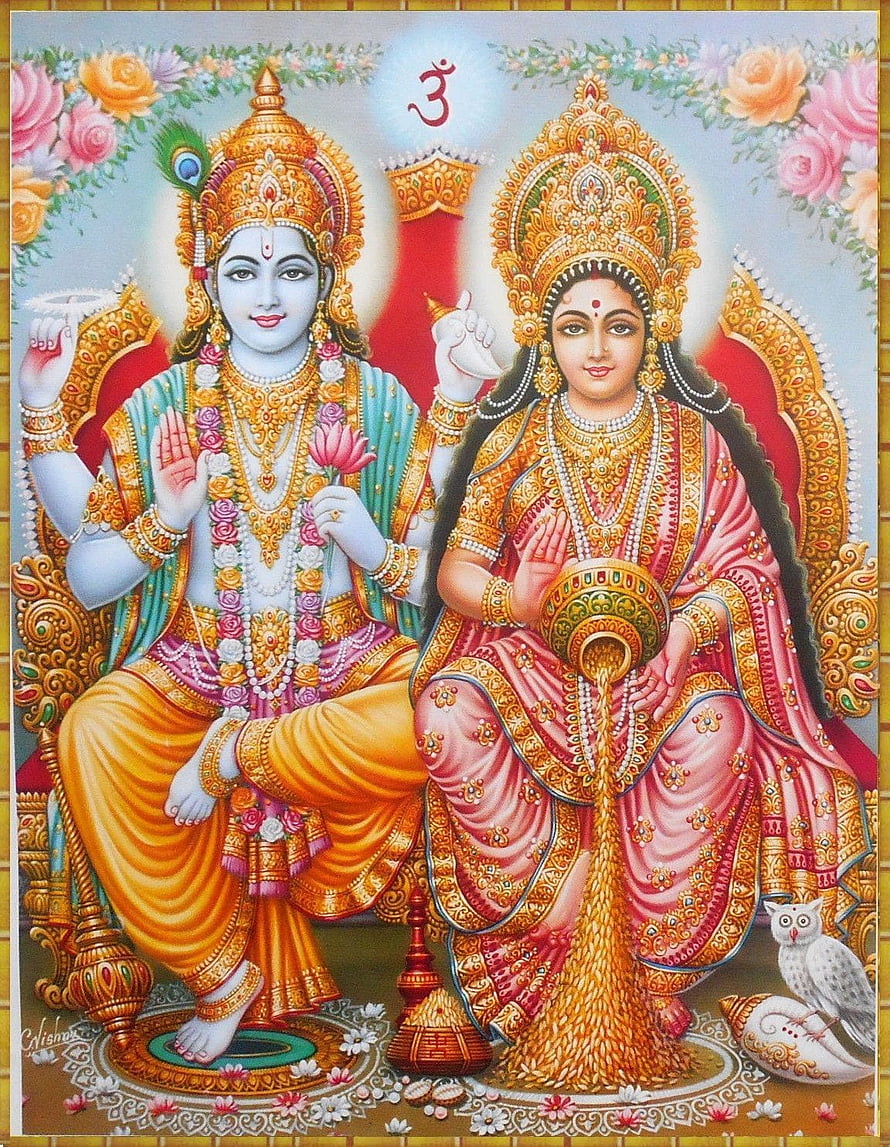 Lakshmi Narayana Divine Couple Seated on Ornate Thrones with Om Symbol and Peacock HD phone wallpaper