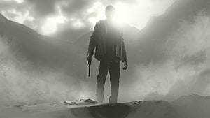 Ethan Winters from Resident Evil Village Standing Silhouetted in Foggy Mountain Landscape HD wallpaper