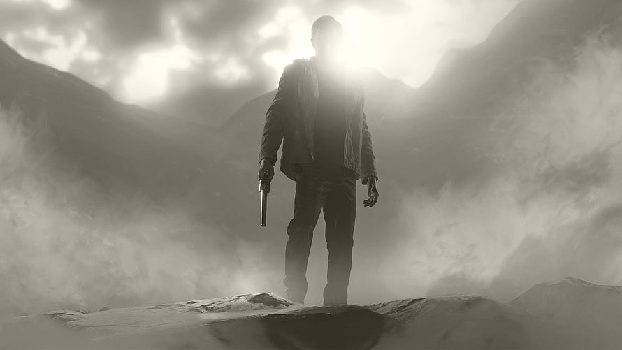 Ethan Winters from Resident Evil Village Standing Silhouetted in Foggy Mountain Landscape HD wallpaper