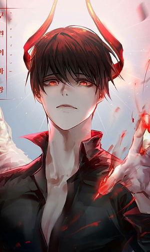 Dark Fantasy Demon Boy Anime Character with Red Horns and Glowing Eyes HD phone wallpaper