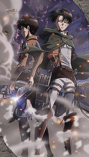 Attack on Titan Levi and Eren in Survey Corps Gear with ODM Blades HD phone wallpaper