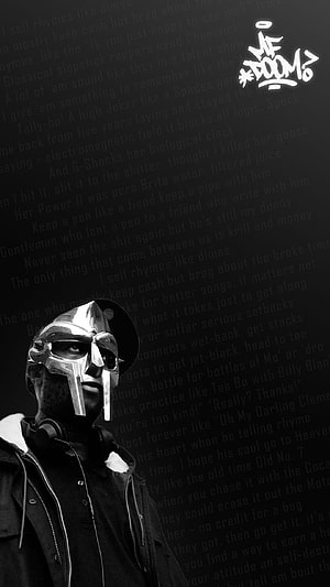 MF DOOM Black and White Portrait with Metal Mask and Lyrics Background HD phone wallpaper