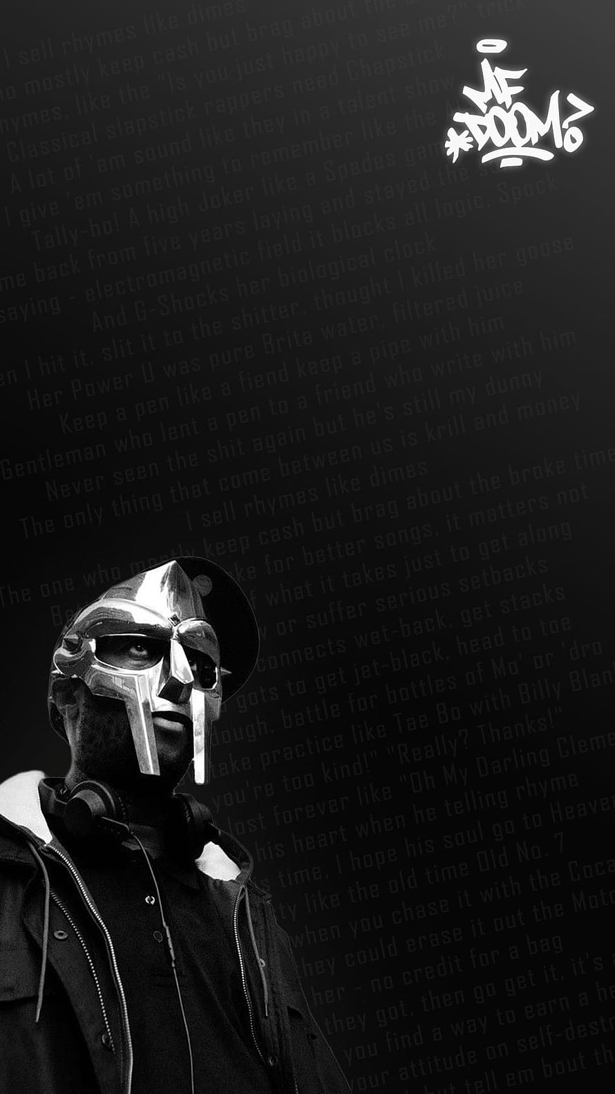 MF DOOM Black and White Portrait with Metal Mask and Lyrics Background HD phone wallpaper