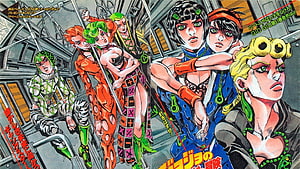 JoJo's Bizarre Adventure Part 5 Vento Aureo manga spread featuring the main cast on a train HD wallpaper