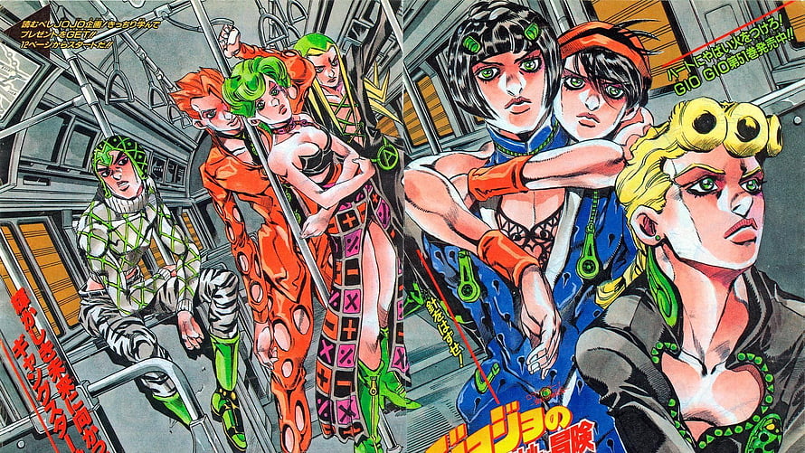 JoJo's Bizarre Adventure Part 5 Vento Aureo manga spread featuring the main cast on a train HD wallpaper