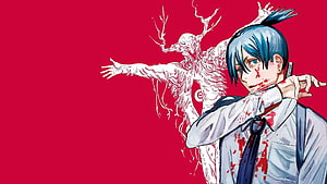Aki Hayakawa from Chainsaw Man in a blood-stained school uniform with a spectral figure behind him, Chainsaw Man Art Aki, aki hayakawa HD wallpaper