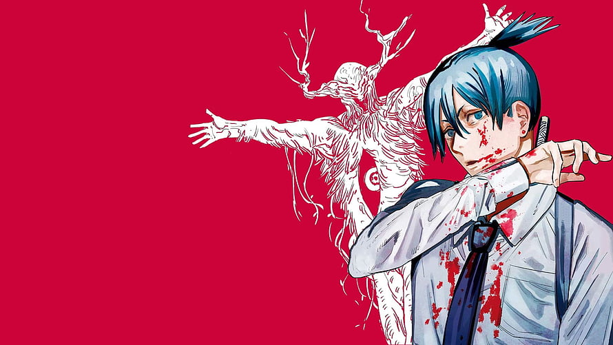 Aki Hayakawa from Chainsaw Man in a blood-stained school uniform with a spectral figure behind him HD wallpaper