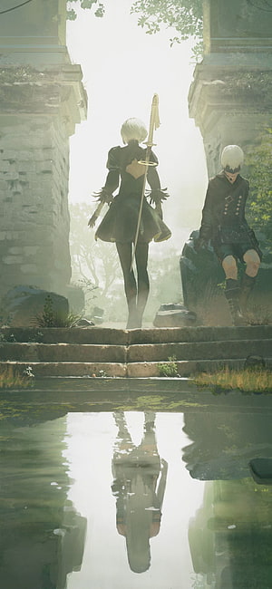 NieR Automata 2B and 9S in Misty Ruins with Water Reflection HD phone wallpaper