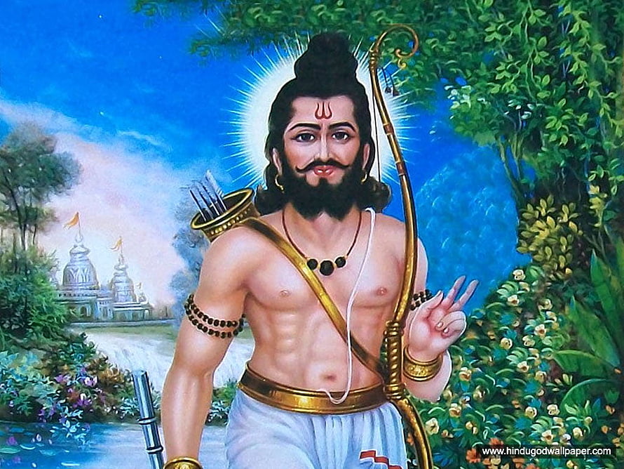 Parashurama Divine Warrior Deity Painting With Bow And Temple Landscape HD wallpaper
