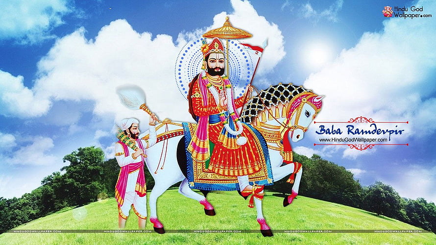 Baba Ramdevpir on White Horse with Attendant in Vibrant Traditional Attire HD wallpaper