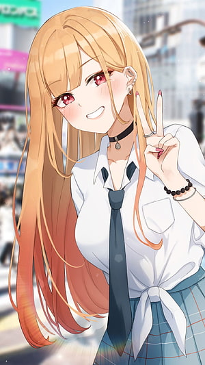 Marin Kitagawa Anime Girl in School Uniform Making Peace Sign on City Street HD phone wallpaper