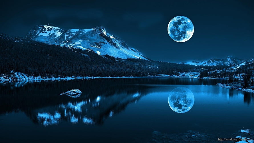 Full Moon Over Snow-Capped Mountains Reflected in a Calm Alpine Lake at Night HD wallpaper