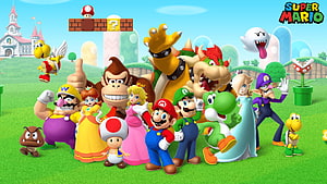 Super Mario Party Cast Group Portrait with Mario, Luigi, Peach, Bowser, and Wario in Vibrant 3D Style HD wallpaper