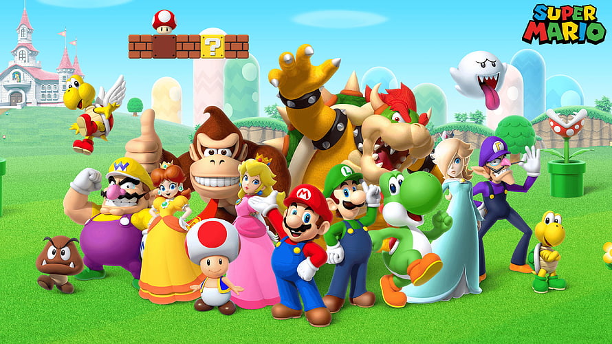 Super Mario Party Cast Group Portrait with Mario, Luigi, Peach, Bowser, and Wario in Vibrant 3D Style HD wallpaper
