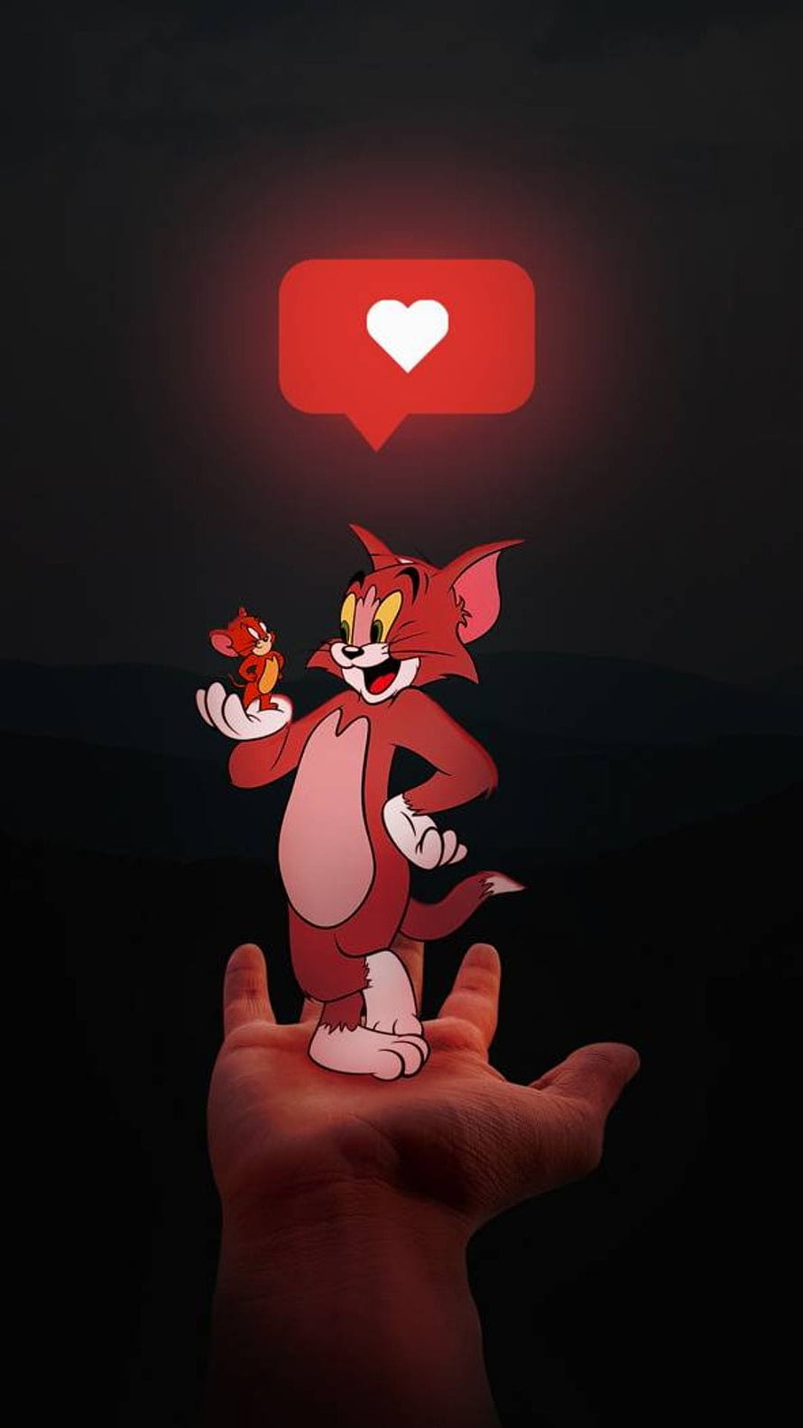 Tom and Jerry Cartoon Characters on a Human Hand with a Glowing Heart Icon Against a Dark Background HD phone wallpaper