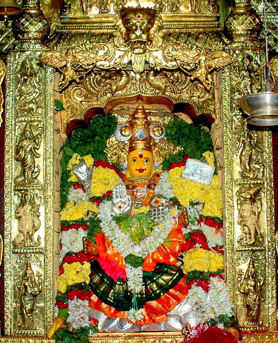 Kanak Durga Murti Adorned With Fresh Flower Garlands In Ornate Golden Temple Shrine HD phone wallpaper