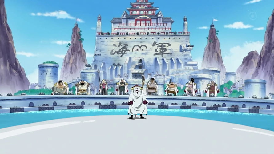 One Piece Marineford Castle with Admiral Fleet and Japanese Naval Architecture HD wallpaper