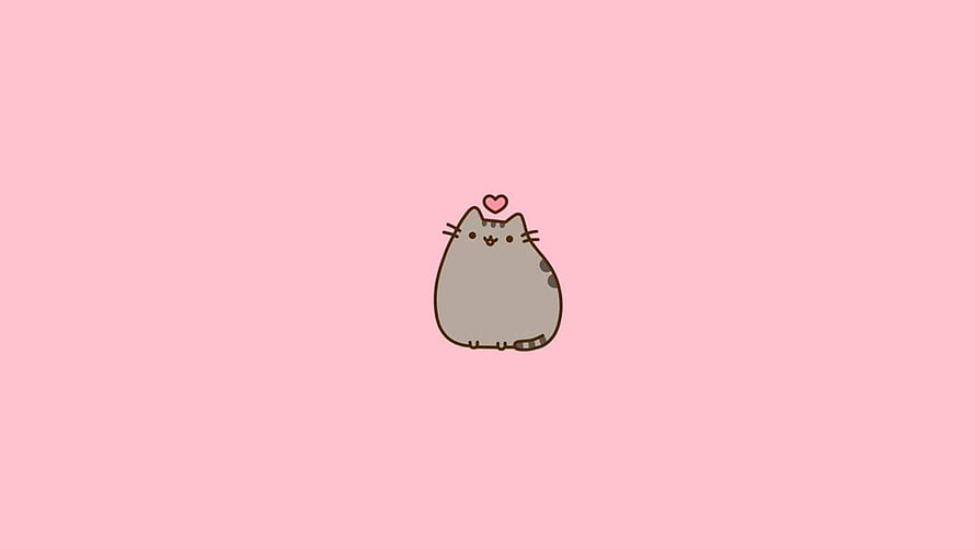 Pusheen the Cat Sitting on a Soft Pink Background with a Floating Heart HD wallpaper