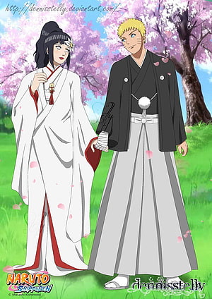 Naruto and Hinata in Traditional Japanese Wedding Attire Under Cherry Blossoms HD phone wallpaper