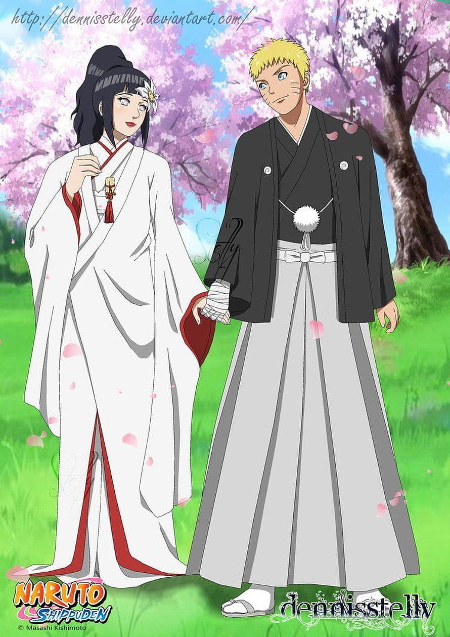 Naruto and Hinata in Traditional Japanese Wedding Attire Under Cherry Blossoms HD phone wallpaper