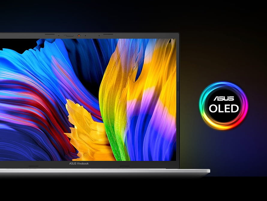 ASUS VivoBook Pro 14 OLED Laptop Displaying Vibrant Abstract Artwork on Dark Background HD wallpaper