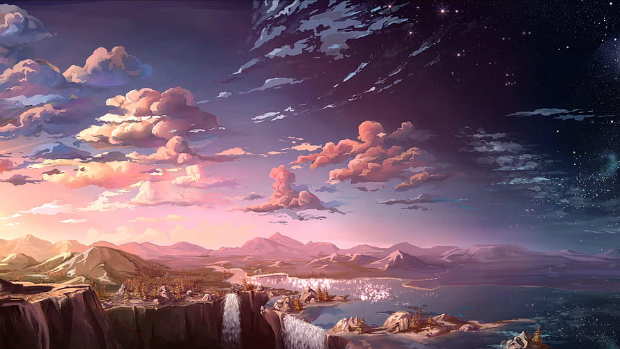 Dreamy Anime Landscape with Waterfall, Mountains, and Starry Twilight Sky HD wallpaper